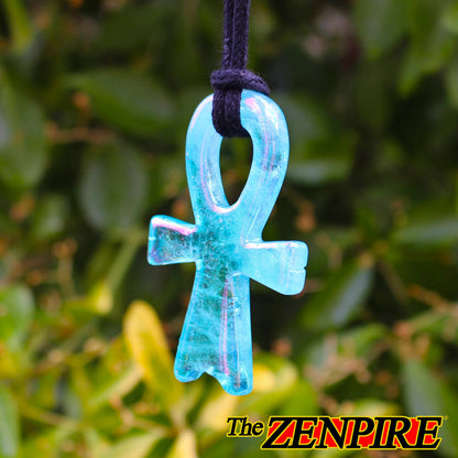 blue atlantean ankh made from aura coated clear quartz