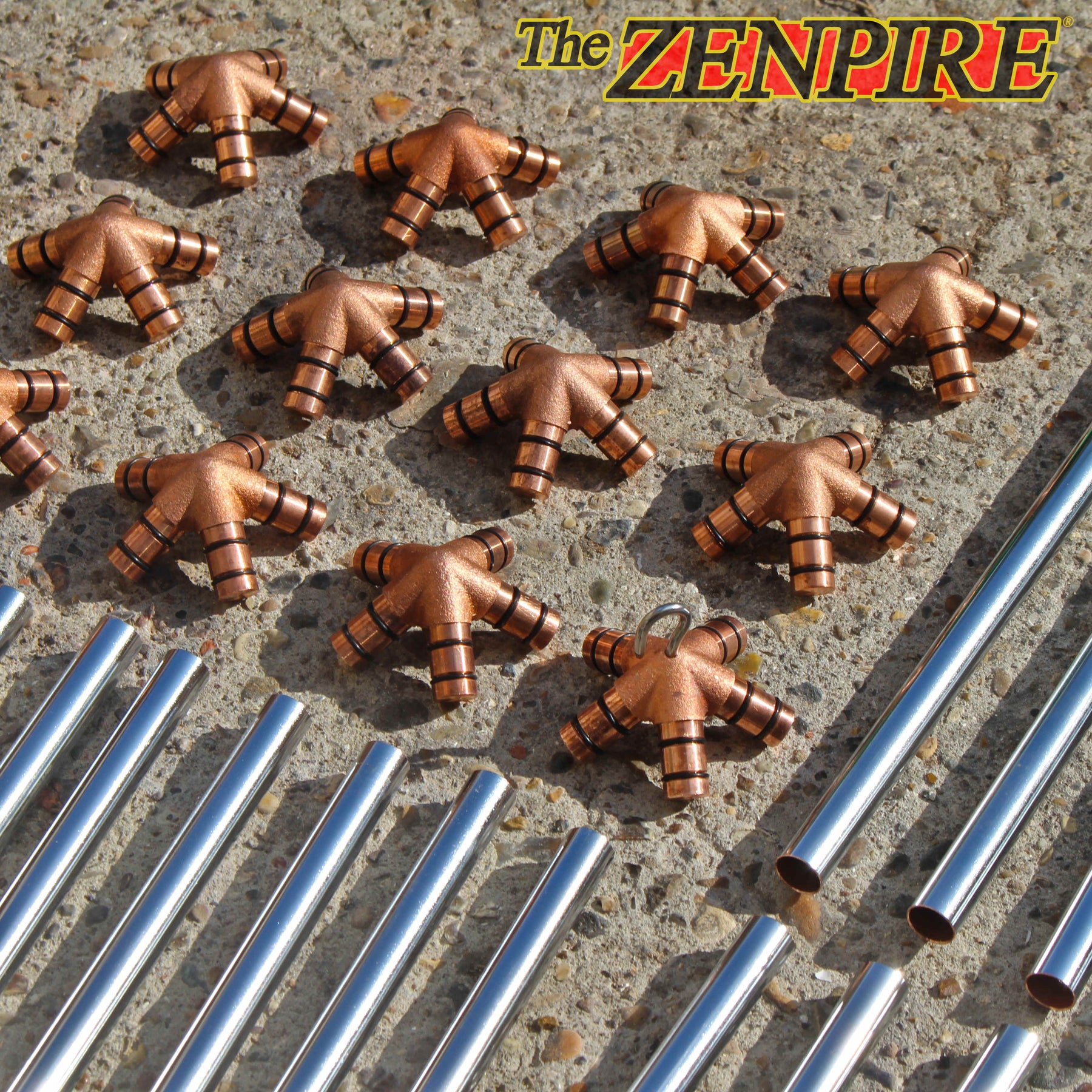 a set of copper connector pieces and chrome copper pipe to assemble a healing meditation icosahedron