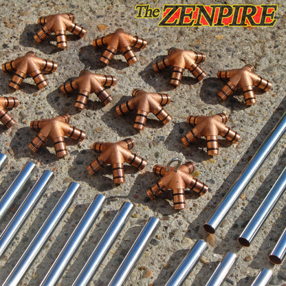 a set of copper connector pieces and chrome copper pipe to assemble a healing meditation icosahedron