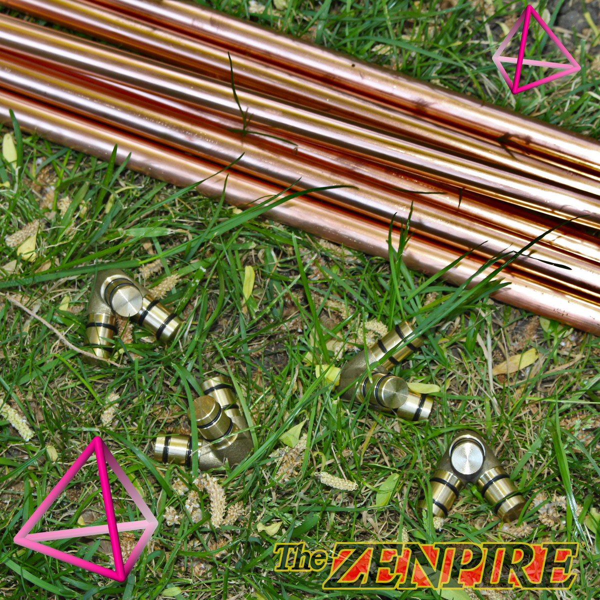 copper pipes and brass connectors used to make healing copper tetrahedron pyramid kit for meditating