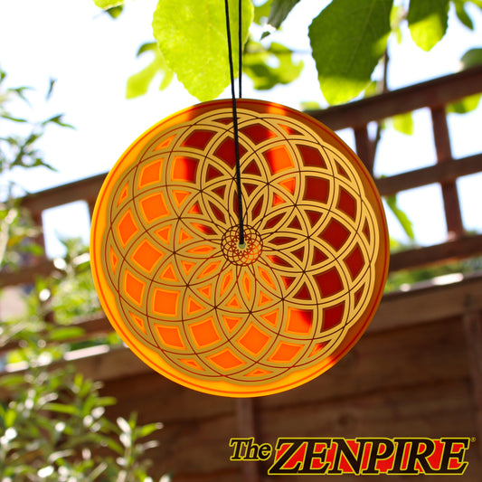 Decorative circular gold metal hanging ornament with lotus of life sacred geometric design by The Zenpire