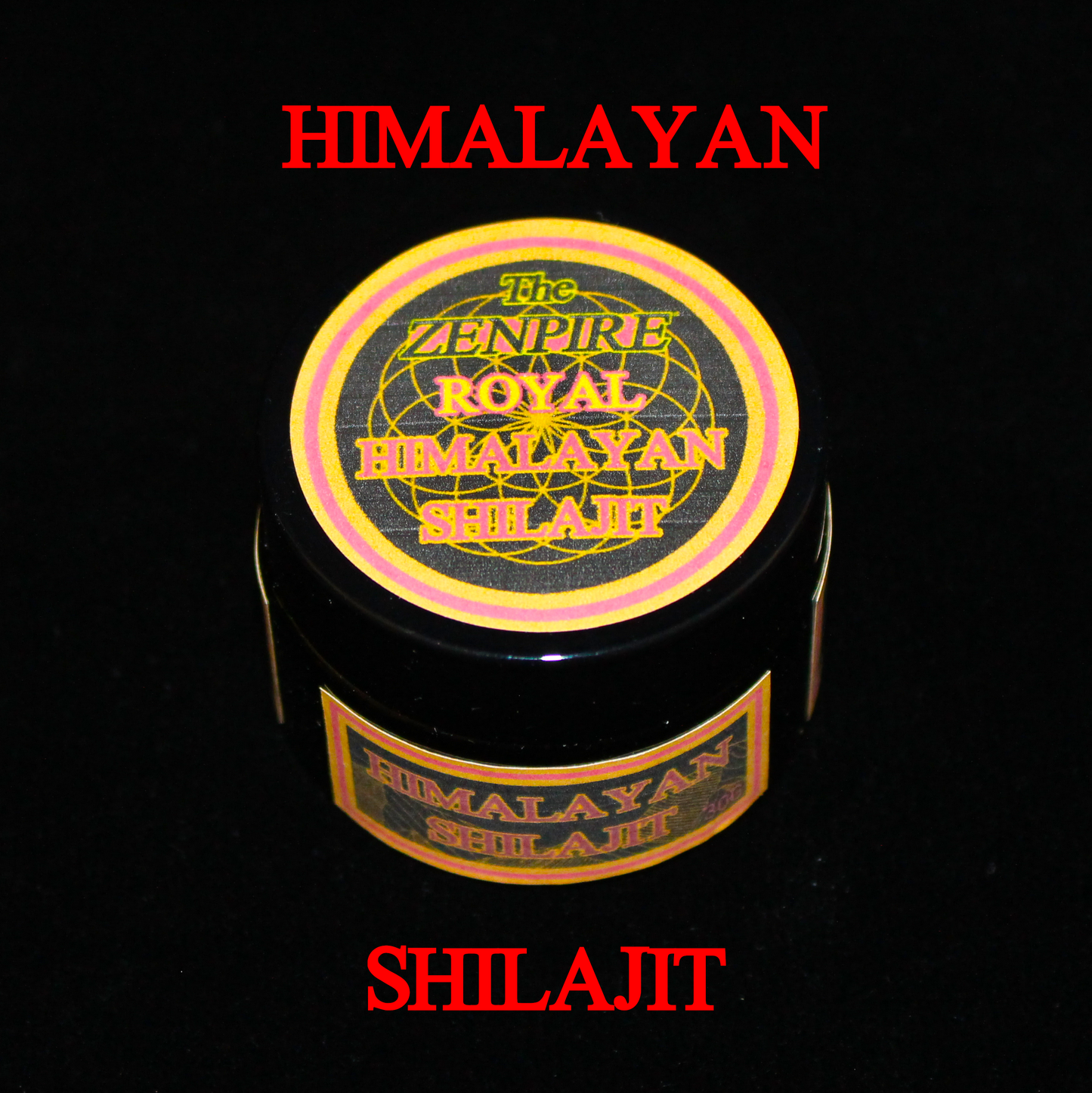 A black jar of Himalayan Shilajit with a gold and pink label, centered on a black background.