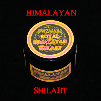 A black jar of Himalayan Shilajit with a gold and pink label, centered on a black background.