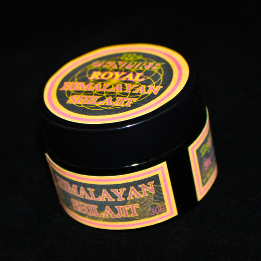 A black jar of golden grade Himalayan Shilajit.