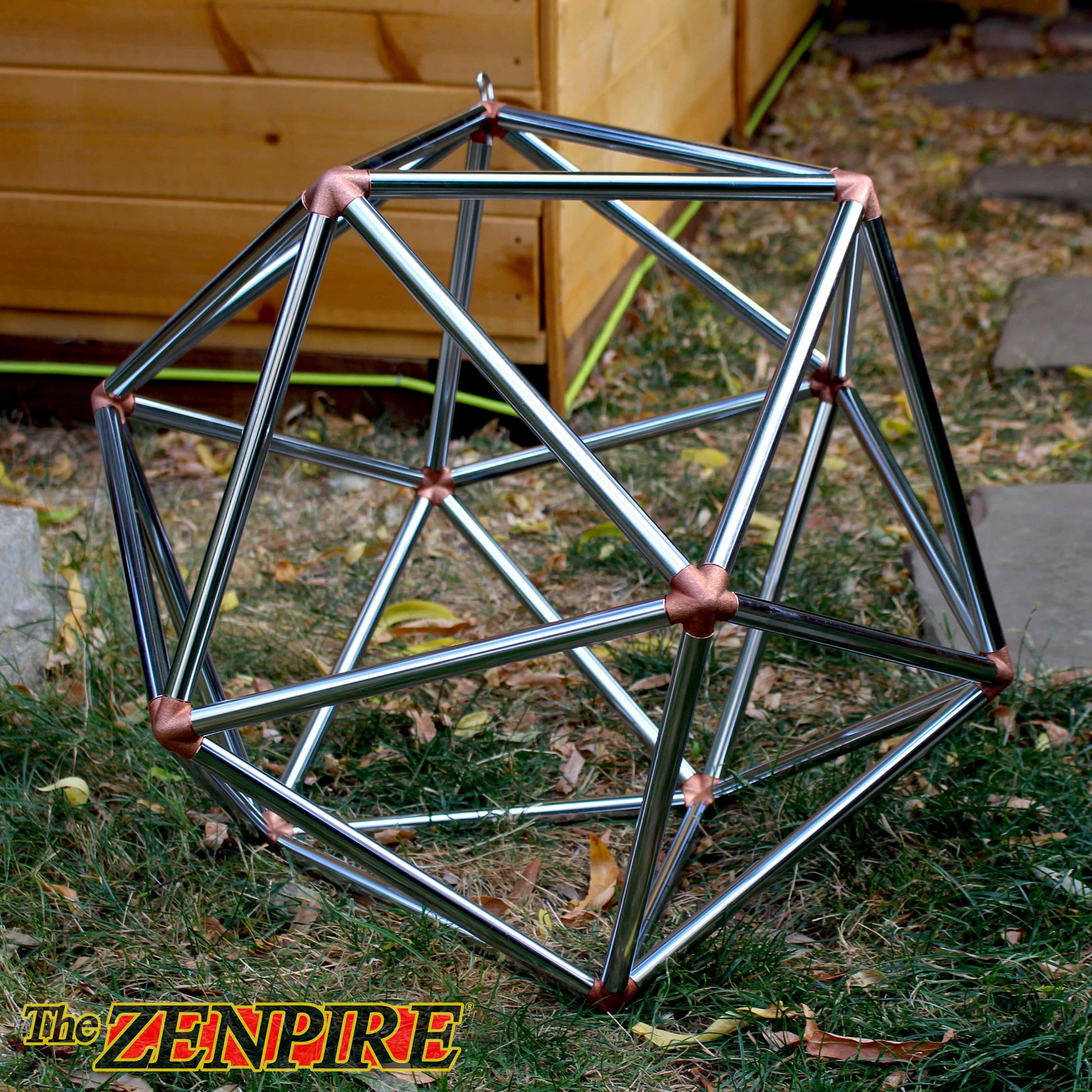 geometric icosahedron made from chrome copper pipe used for healing and spirituality