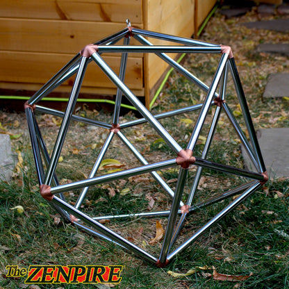 geometric icosahedron made from chrome copper pipe used for healing and spirituality