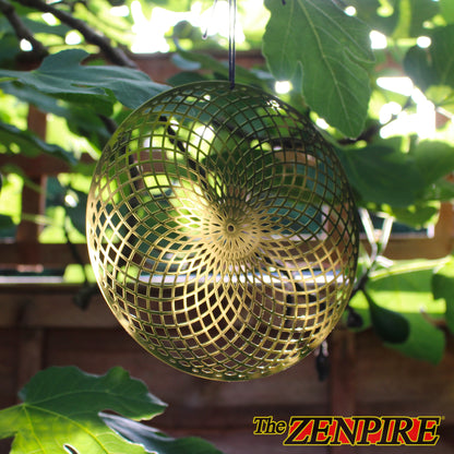 a metallic toroidal field disk made from brass hanging from a tree